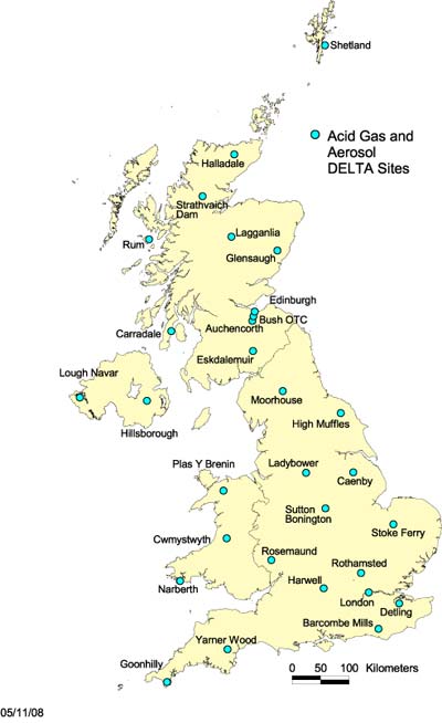 A map of the UK showing the nitric acid sampling network