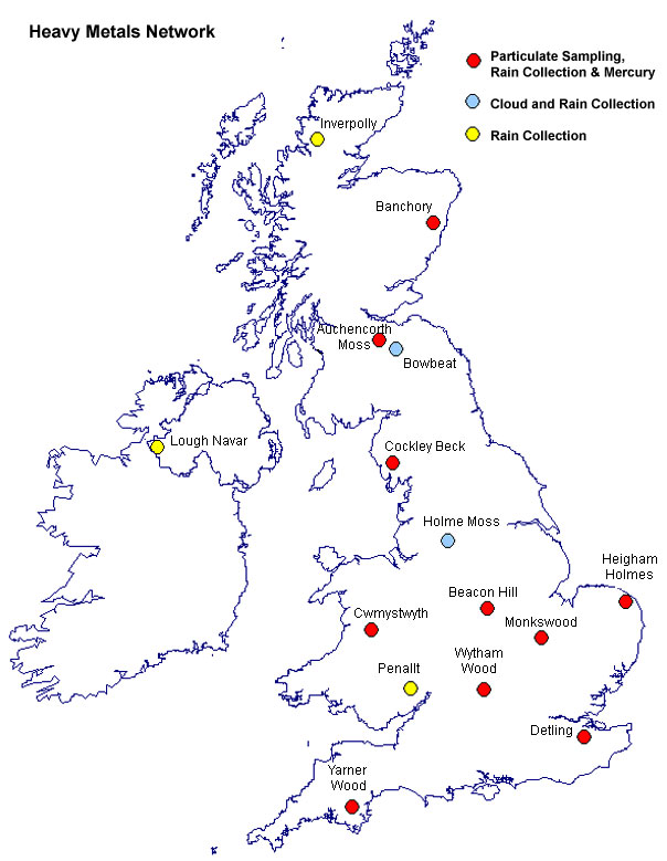 A map of the UK showing the Heavy Metal sampling network