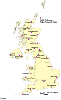 a map of the UK showing the no2 network